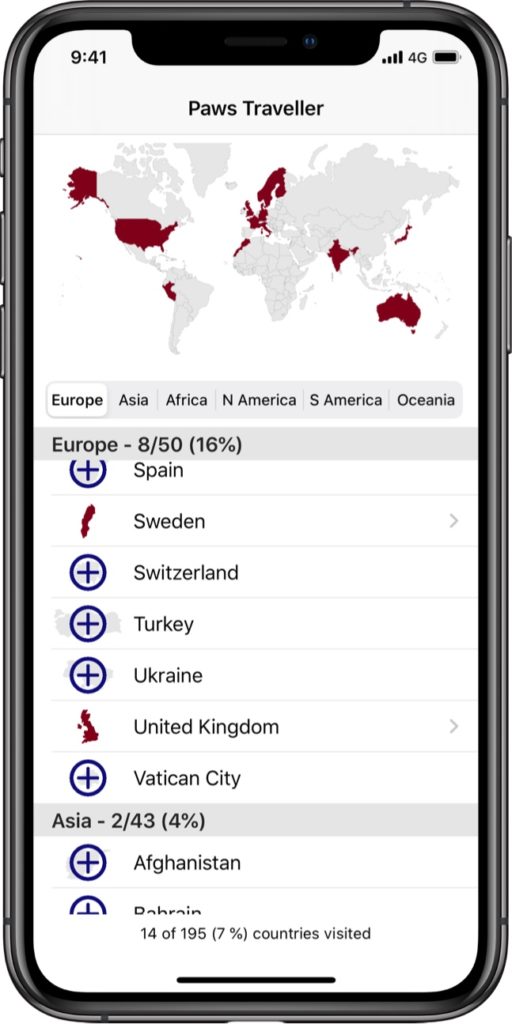 Travel world map with visited countries marked.