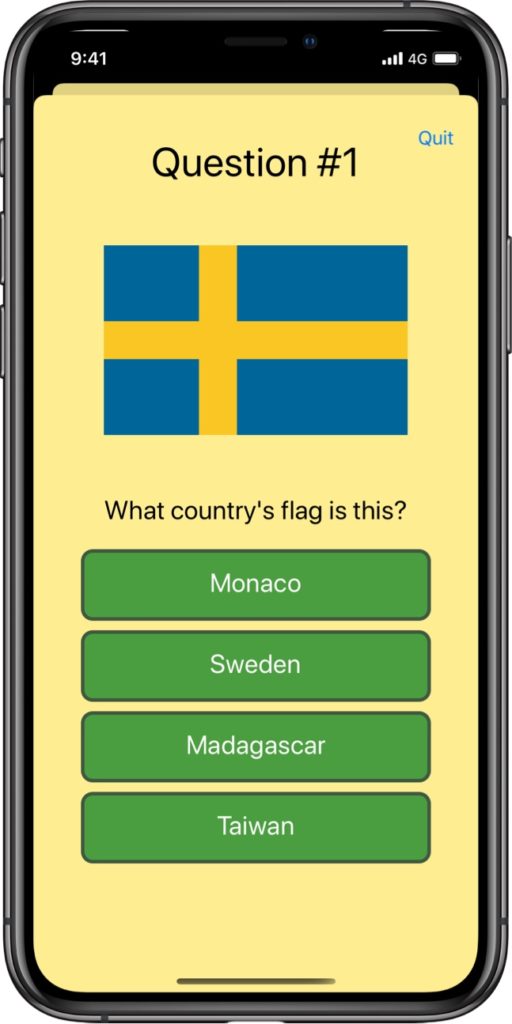 A quiz question showing the image of a flag with four alternatives to choose from.